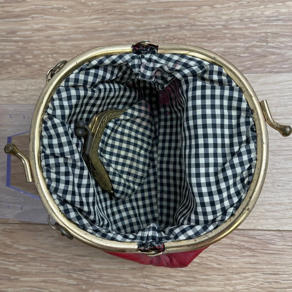 Vintage Red Leather Kiss Lock Purse Gingham Lining with Mini Coin Pouch Chain